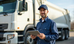 Grenzüberschreitende Abfallverbringung — und DIWASS seit Mai 2026 — technisch und fachlich Disponent vor LKW mit Laptop