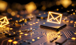 Moderne Geschäftskorrespondenz mit KI Digitale Kommunikation, leuchtende Email-Icons